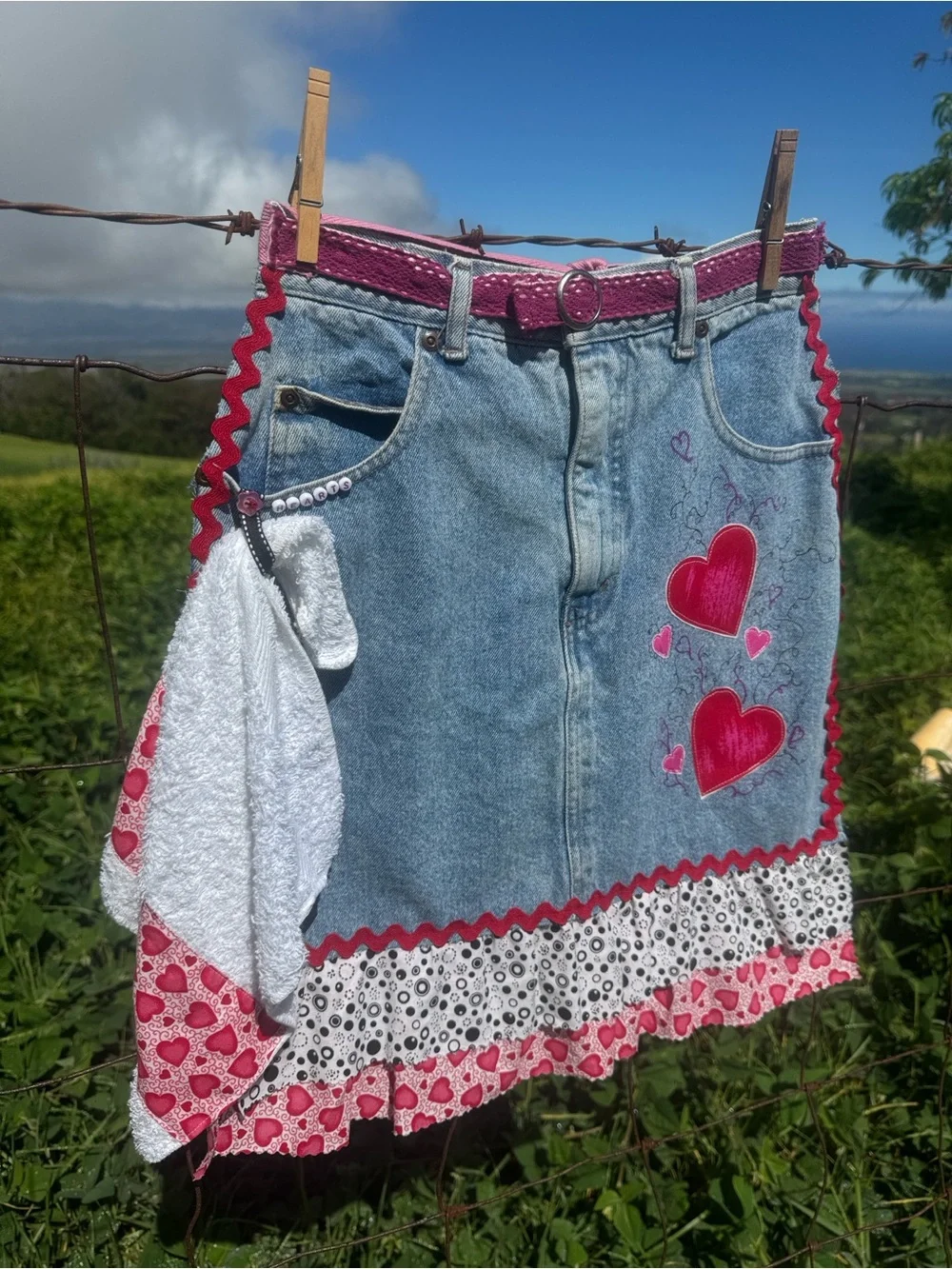 Handmade heart denim jean apron embroidered ruffles cottage farmhouse